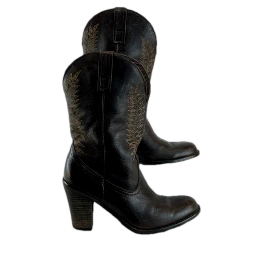 Steve Madden Frontier Brown Leather Mid-Calf Heeled Cowboy Boots